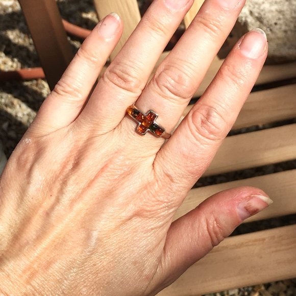 Baltic Amber Multicolor Cross Ring .925 Sterling Silver Genuine Gemstones - Picture 9 of 15